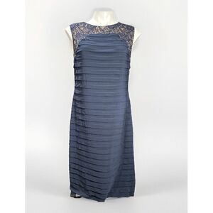 Adrianna Papell Navy Blue Tiered‎ Sheath Dress Sleeveless Lace Trim Size 14